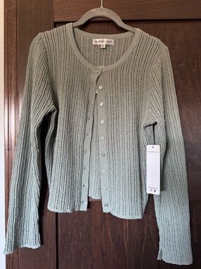 Sage Green Pointelle Striped Crop Cardigan